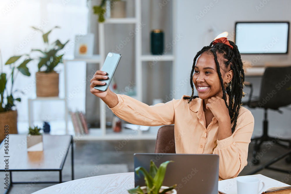 Business woman, selfie and phone in a home office for social media profile update with a laptop. Bla