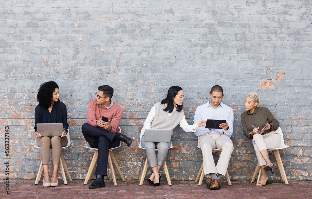 Diversity, worker interview line and discussion with technology for meeting, recruitment or company 