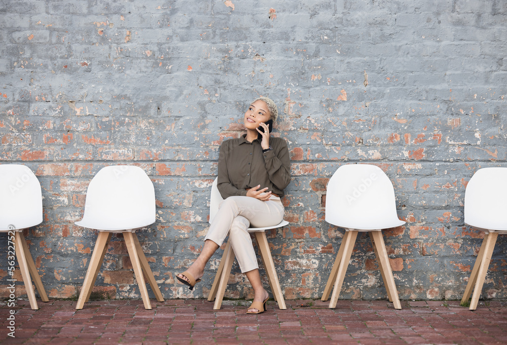 Phone call, recruitment and woman thinking in waiting room or sitting in line for opportunity, hr ne