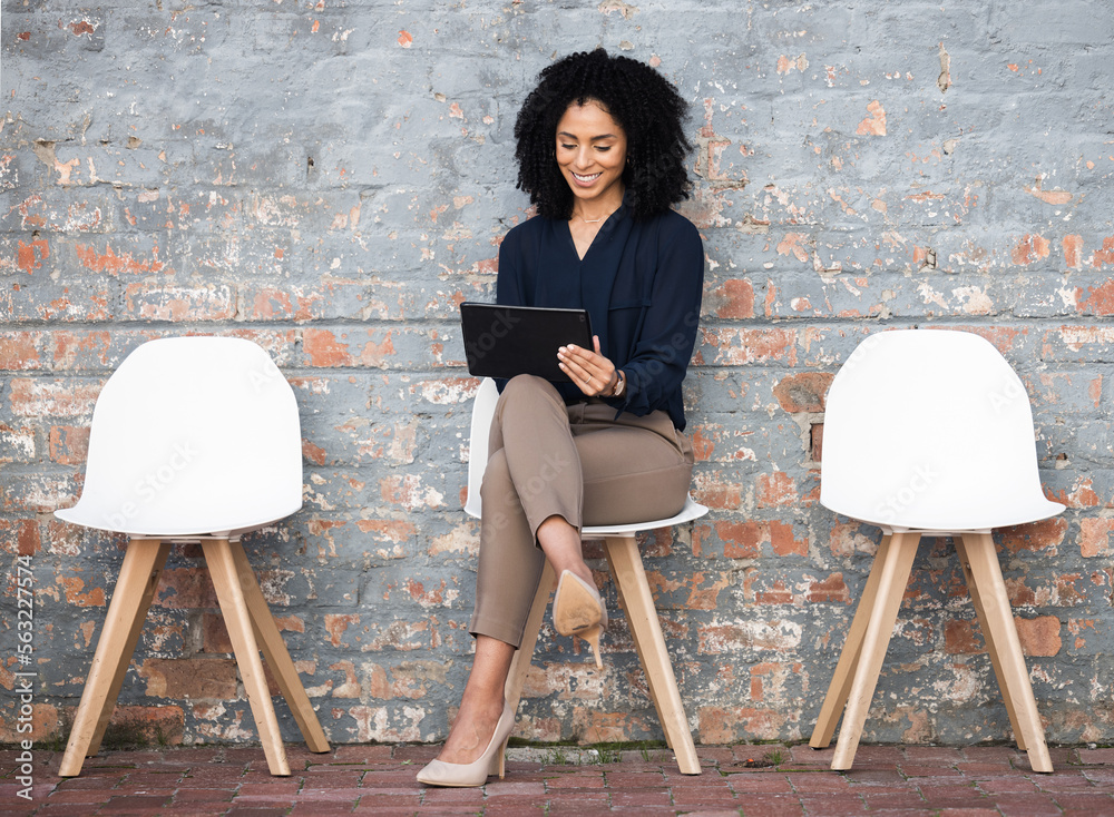 Recruitment, tablet and woman sitting in line on brick wall for job opportunity, hr email and career