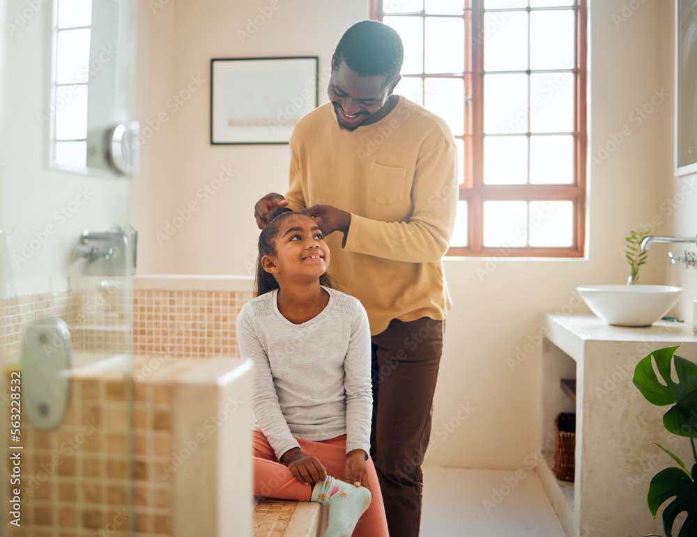 Father, daughter and brushing hair in a home bathroom with love, trust and support. Man teaching chi