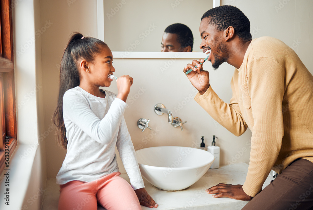 Brushing teeth, dental health and father with daughter in a bathroom for hygiene, grooming and bondi