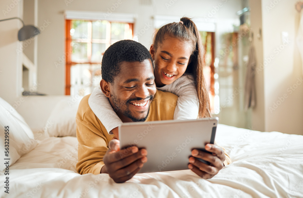 Black family, tablet or learning with a father and daughter lying together on a bed in their home fo