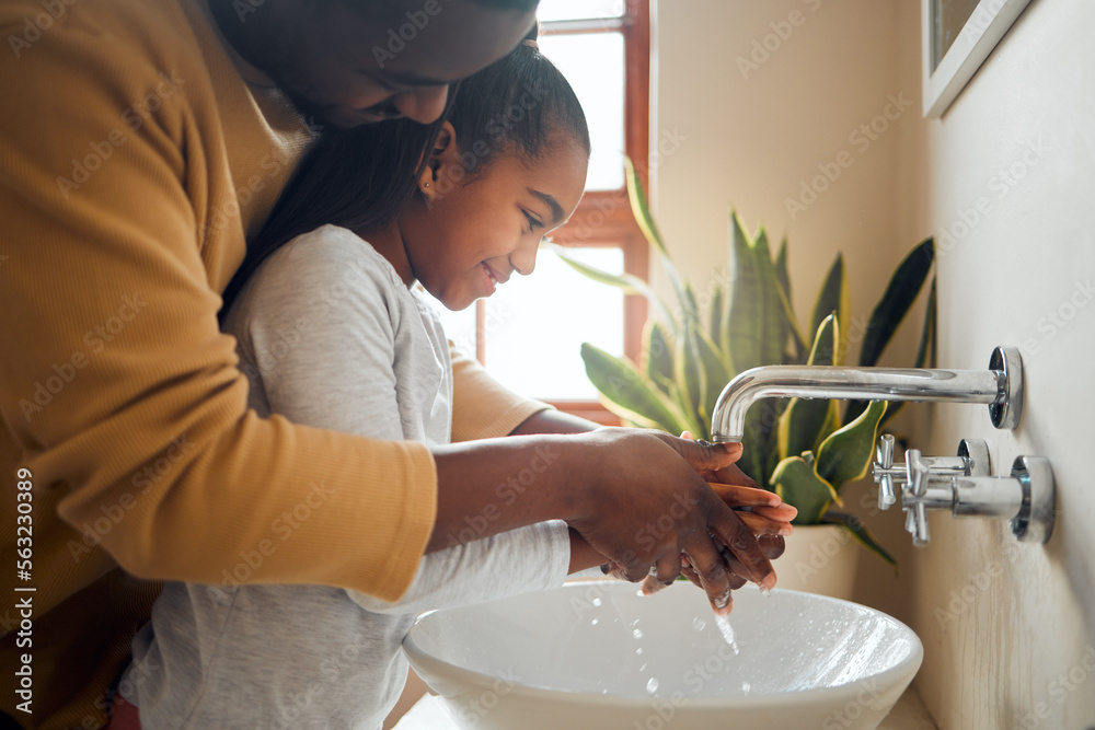 Black family, father and child washing hands with clean water in home bathroom. Man teaching girl wh