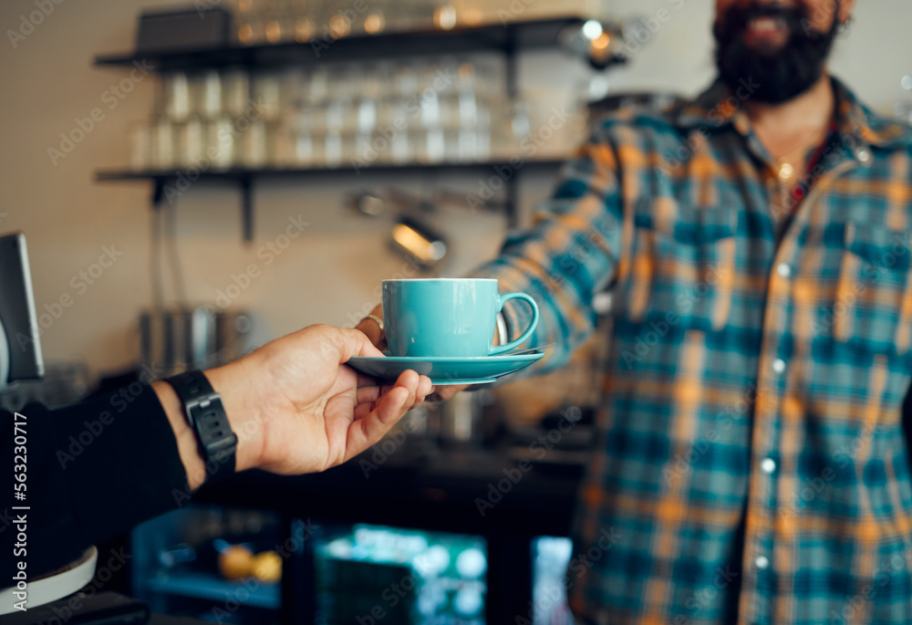 Coffee, service and hands of people at a cafe for a drink, breakfast or lunch. Business, waiter and 