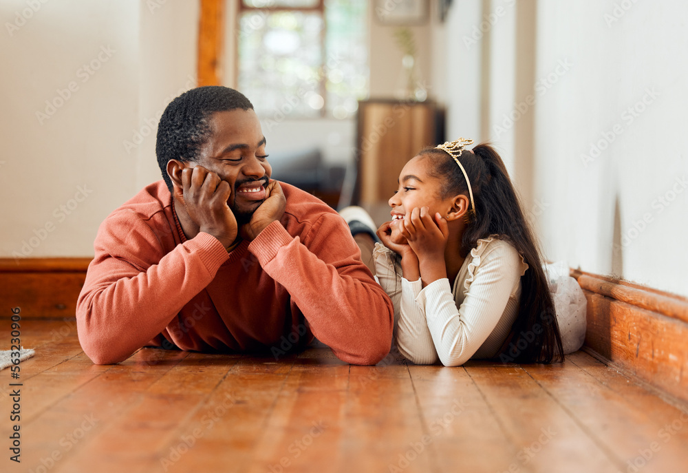 Relax, black family and father with daughter on floor, happy and bonding in their home. Love, parent