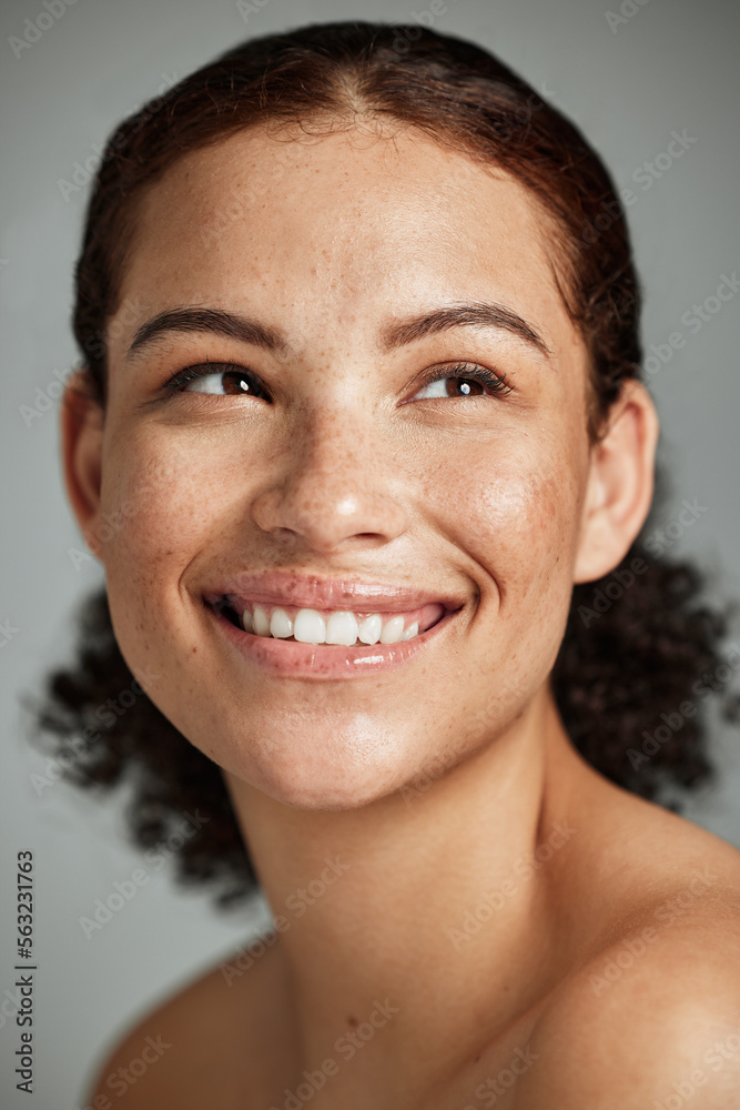 Beauty, skincare and face of woman in studio isolated on a gray background. Makeup cosmetics, thinki