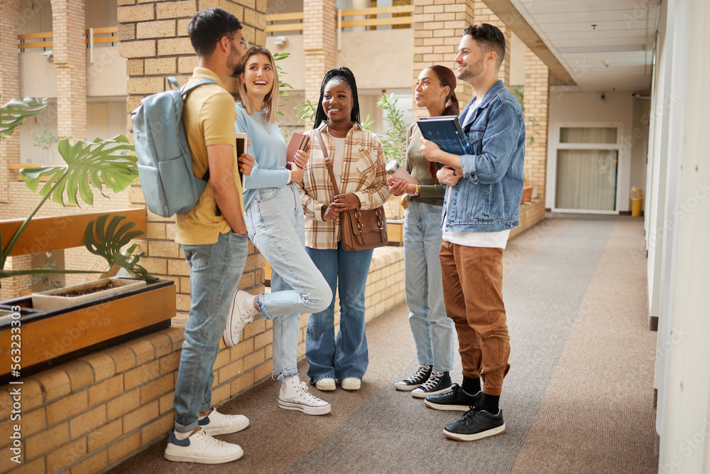 College, friends and happy with students on campus with books for learning, scholarship or knowledge