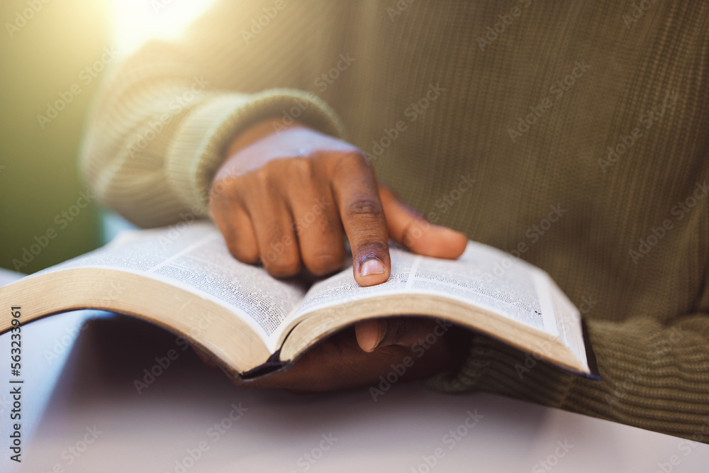 Student, finger and reading book in university library, college campus or school classroom for educa