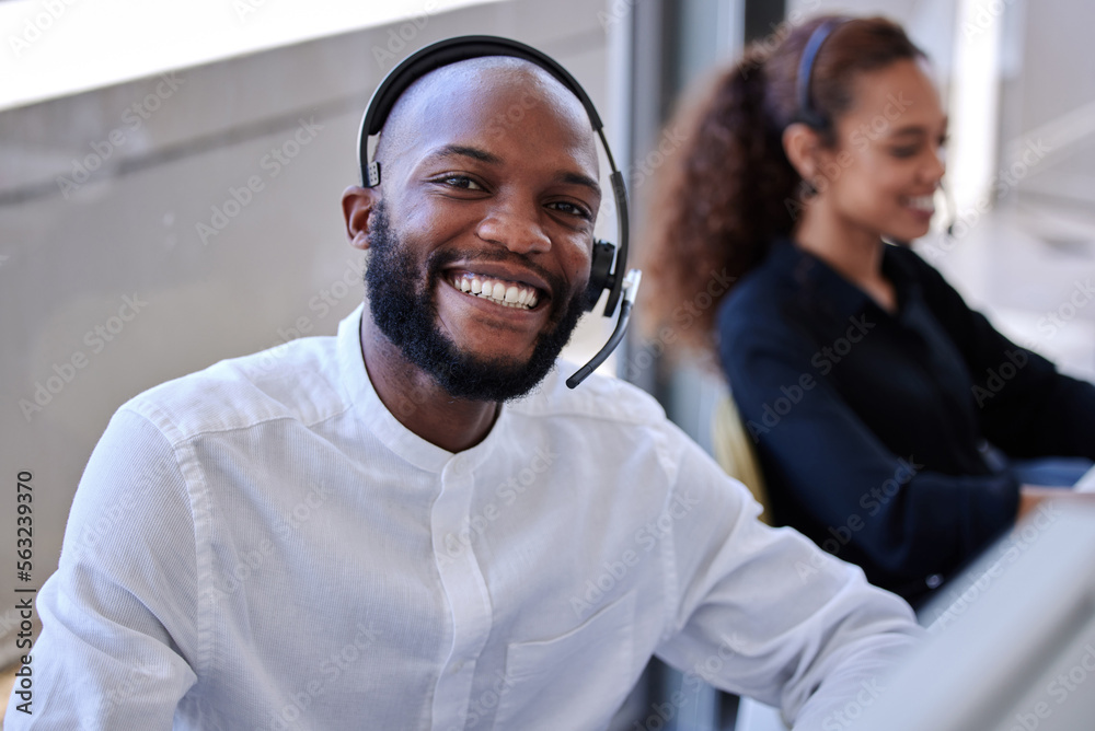 Black man, call center and office portrait with smile, communication and customer service. Happy crm