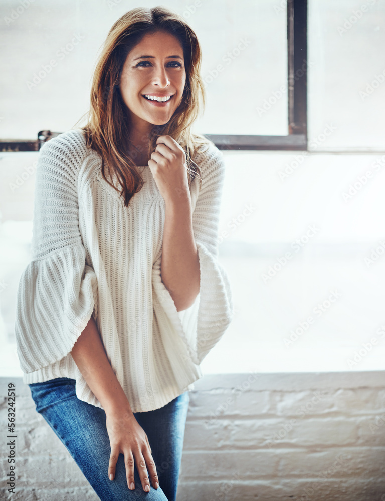 Woman, laughing or fashion portrait by window in house, home or apartment in cozy, warm or winter cl