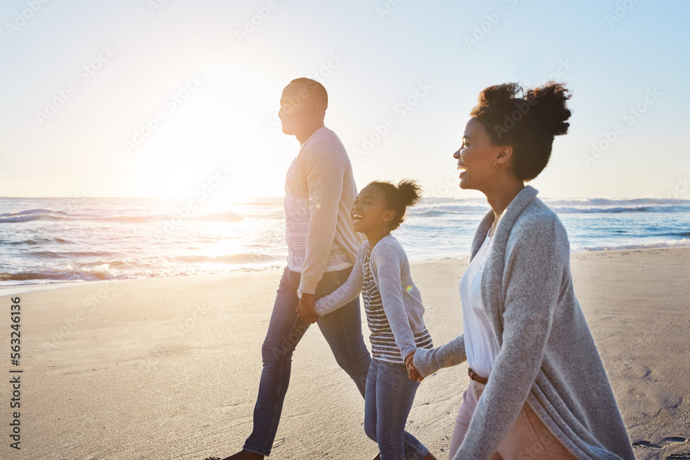 Black family, sunset and walking on the beach by happy child and parents on vacation or holiday. Sea