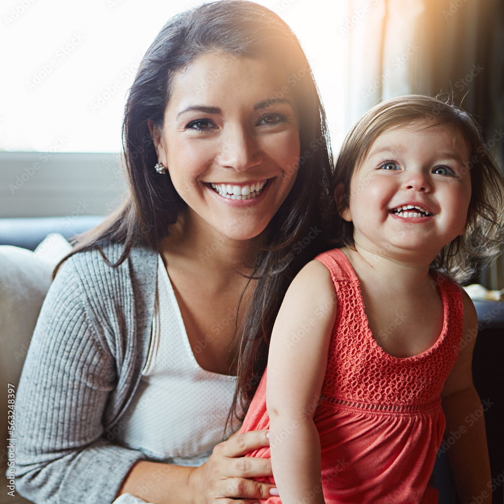 Mother, child and happy portrait together on sofa in living room for relax love bonding, fun and sup