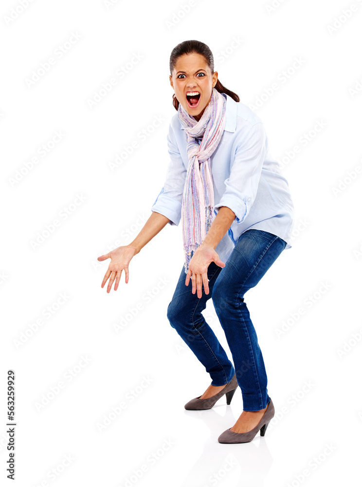 Angry, scream and portrait of a woman with stress screaming about work isolated. White background, m