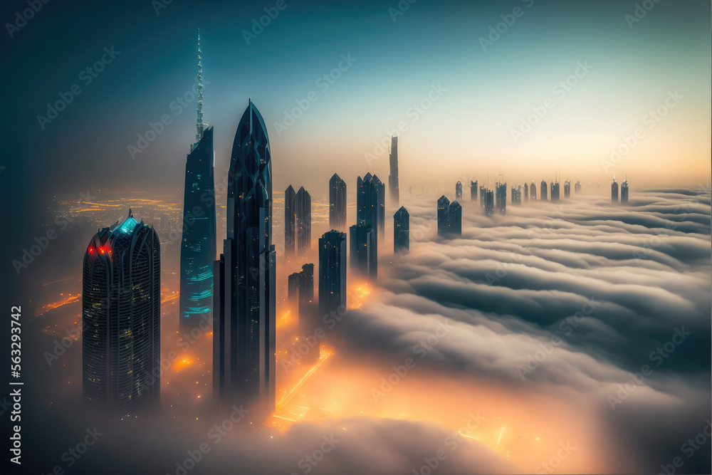 Top of skyscrapers building high above the clouds in the morning sunrise . Futuristic architecture o