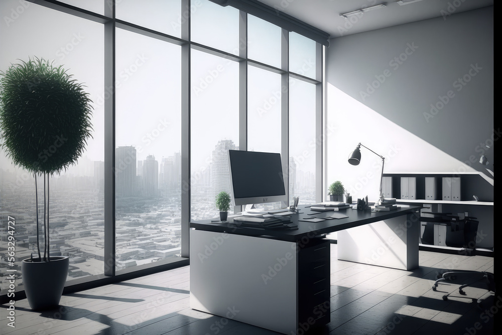 Empty modern office background in city center . Workspace interior design . Clean and bright office 