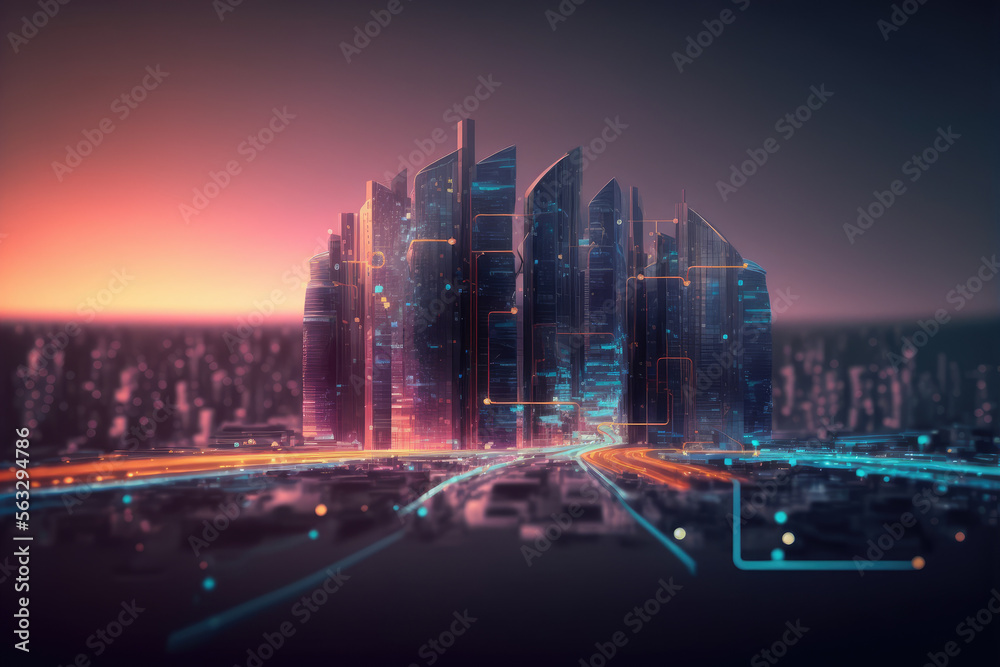 Smart city with communication network graphic connecting the city with wireless internet technology.