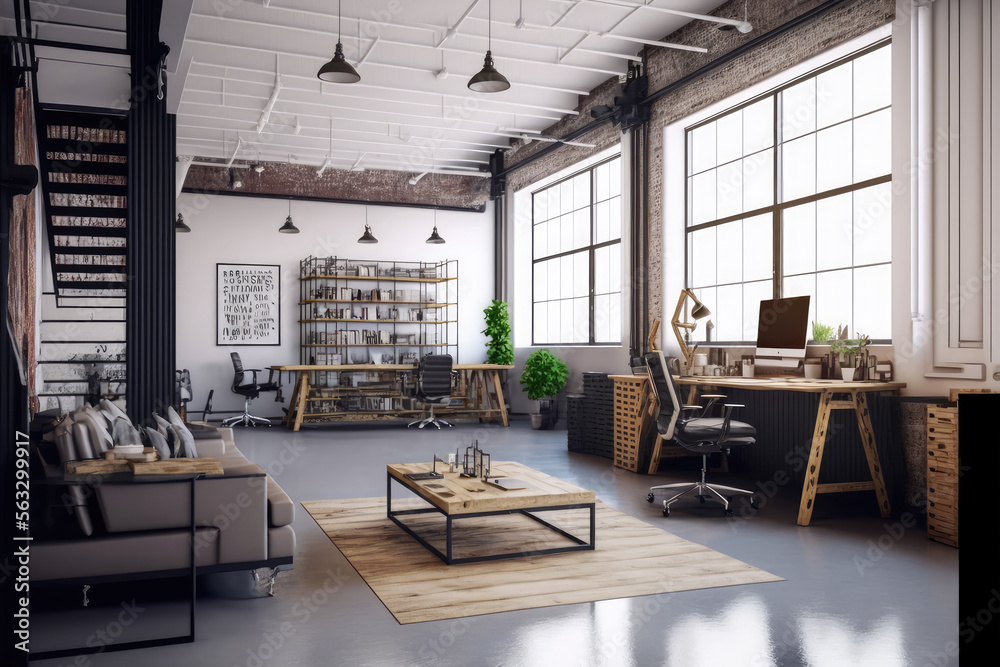 Luxury workspace office decorated with industrial loft modern interior design. Peculiar AI generativ