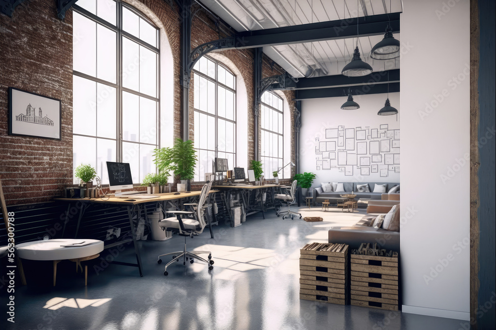 Luxury workspace office decorated with industrial loft modern interior design. Peculiar AI generativ