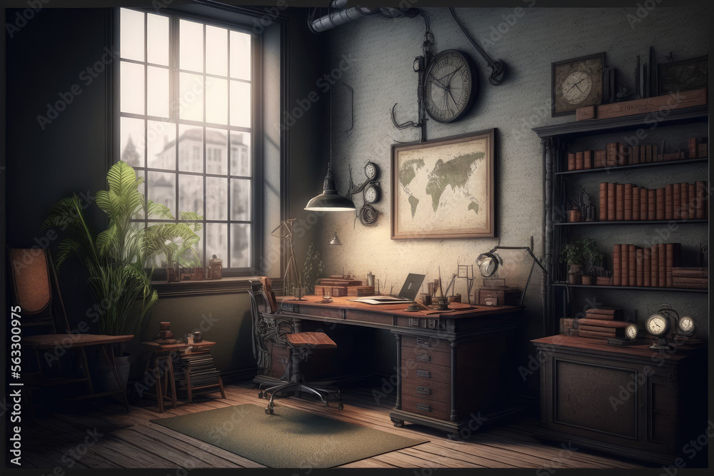 Antique home interior with working space and study desk in elegant room. Peculiar AI generative imag