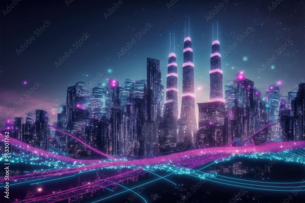 Smart city with communication network graphic connecting the city with wireless internet technology.