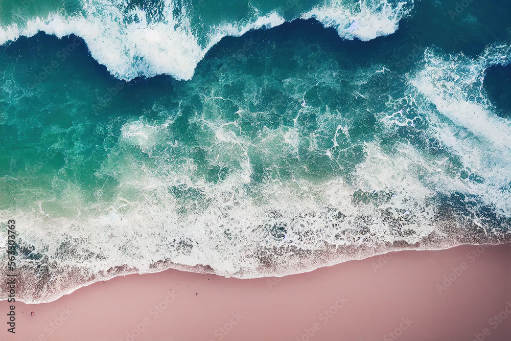 Spectacular top view from drone photo of beautiful pink beach with relaxing sunlight, sea water wave