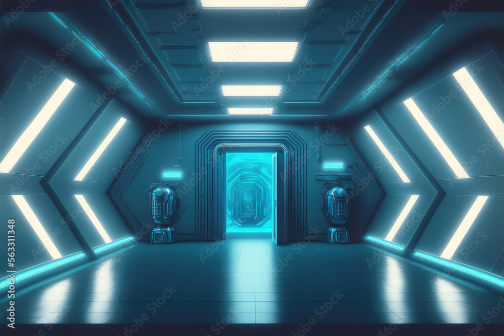 Empty sci-fi futuristic room of spaceship with blue light decoration . Super modern interior design.