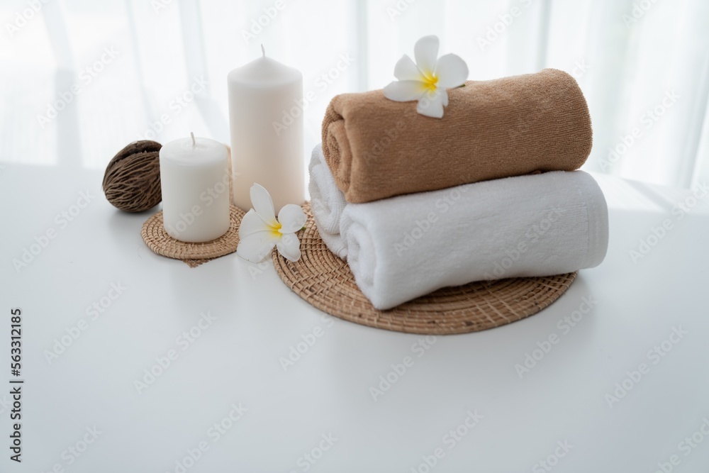 Spa accessory composition set in day spa hotel , beauty wellness center . Spa product are placed in 