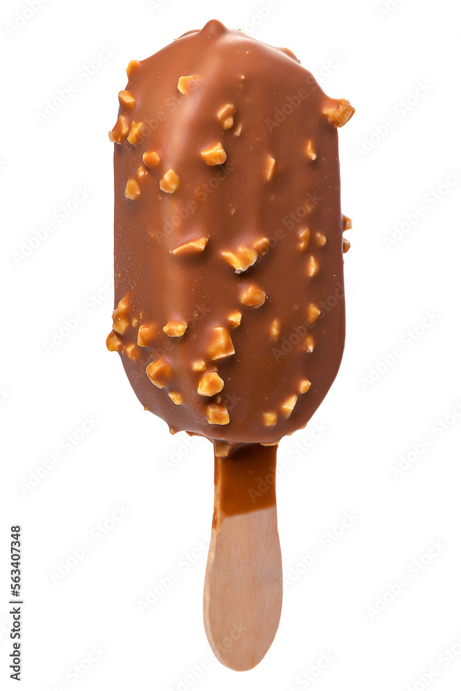 PNG. Ice cream in a glaze of milk chocolate and nuts on a wooden stick. Isolate on a white backgroun