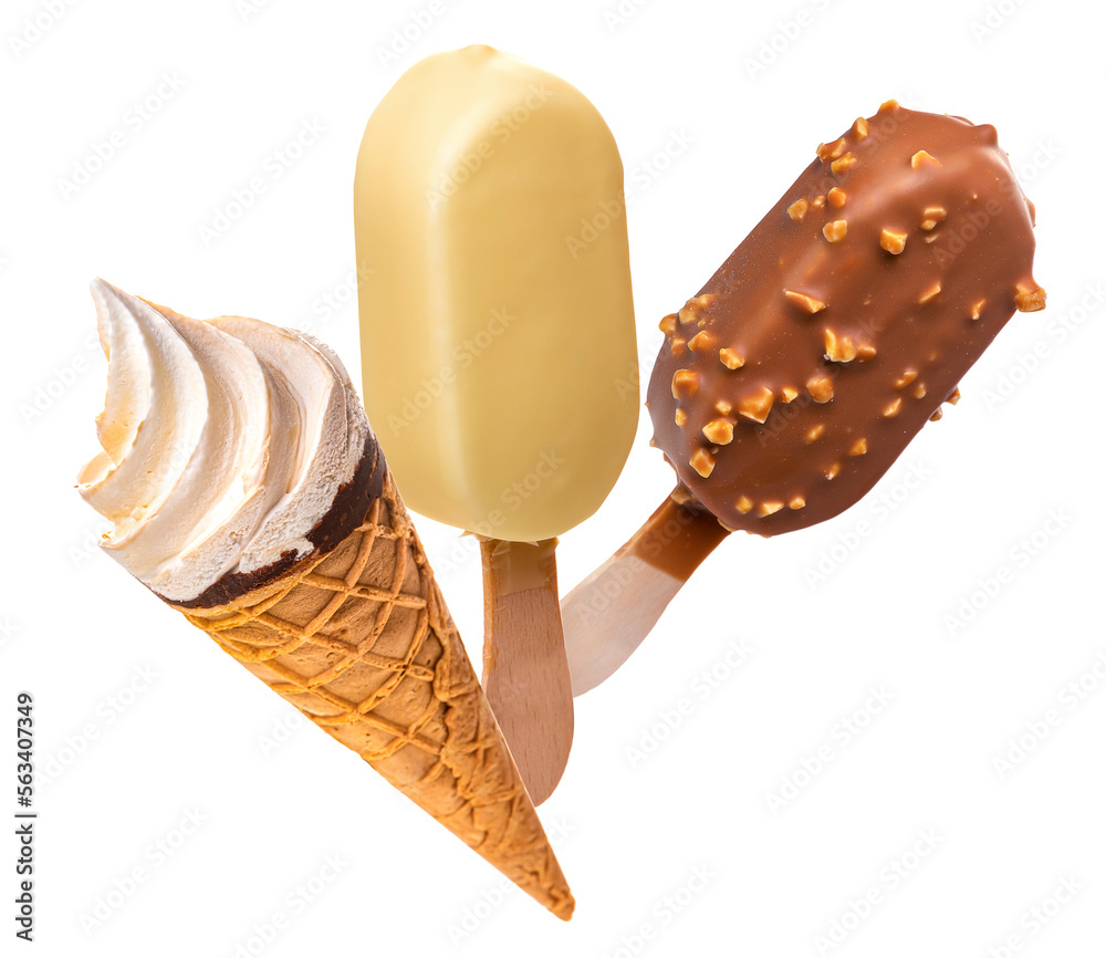 PNG. Ice cream in glaze on wooden sticks and ice cream in a waffle cup. Isolate on a white backgroun