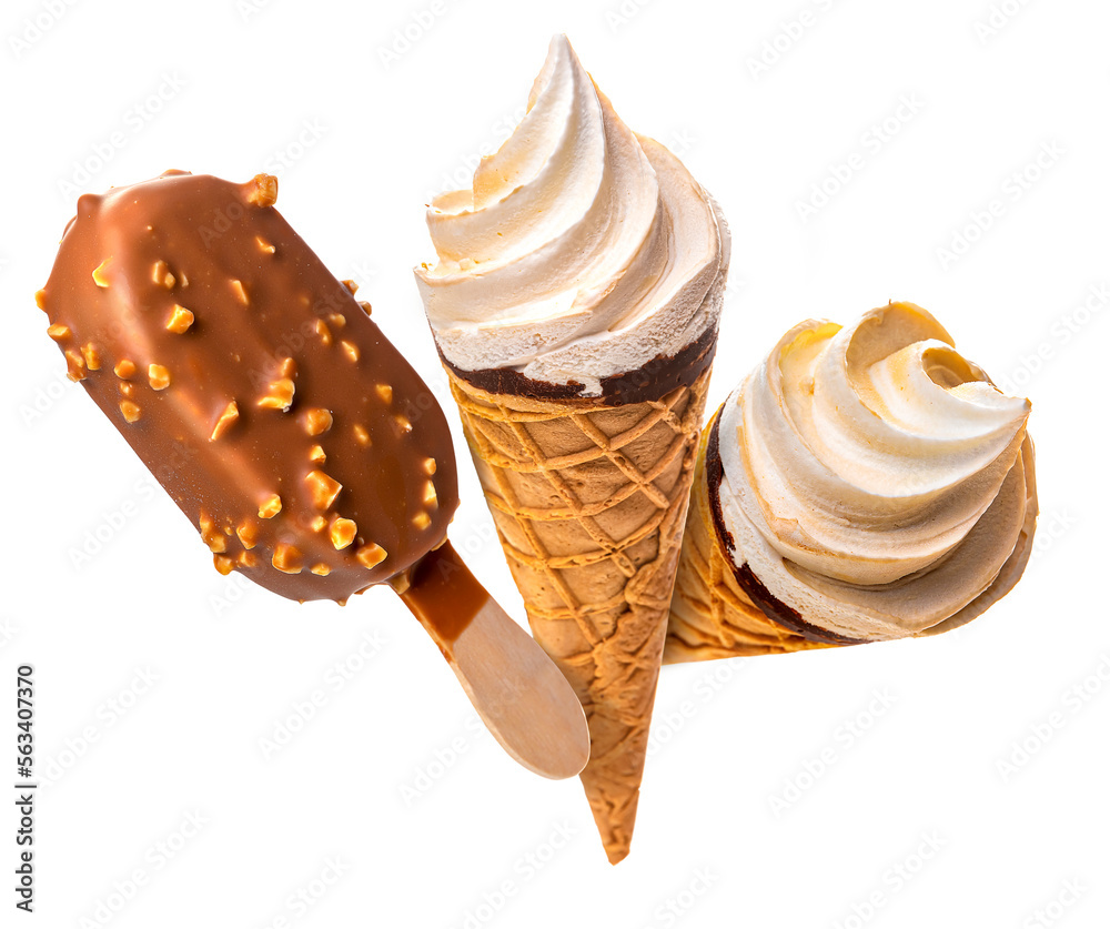 PNG. Ice cream in glaze on wooden sticks and ice cream in a waffle cup. Isolate on a white backgroun