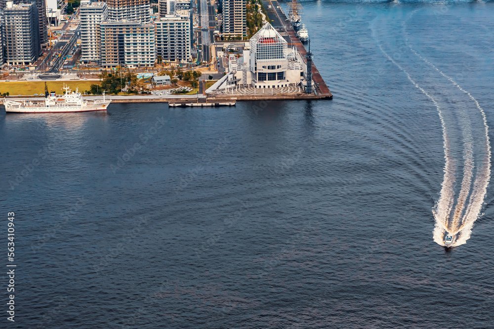 Aerial view of Odaiba Harbor in Tokyo, Japan