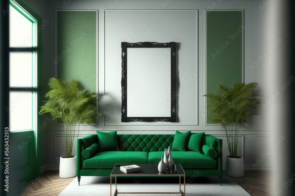 Green modern interior living room design with empty picture frame template for your desired content.