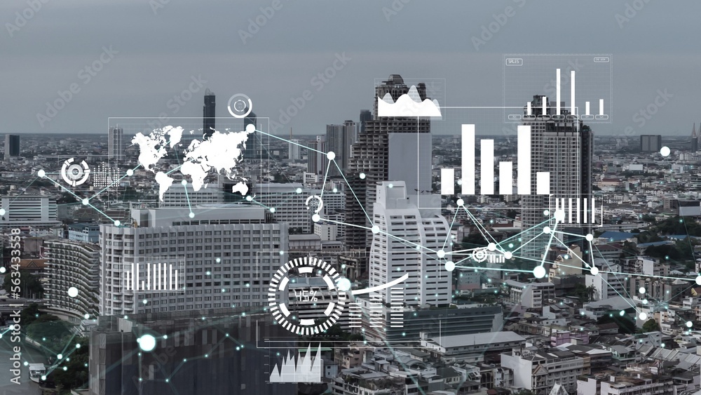 Business data analytic interface fly over smart city showing alteration future of business intellige