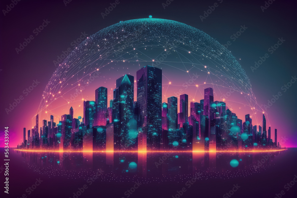 Futuristic smart city internet network connection through wireless system. Peculiar AI generative im