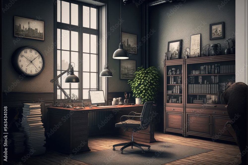 Antique home interior with working space and study desk in elegant room. Peculiar AI generative imag