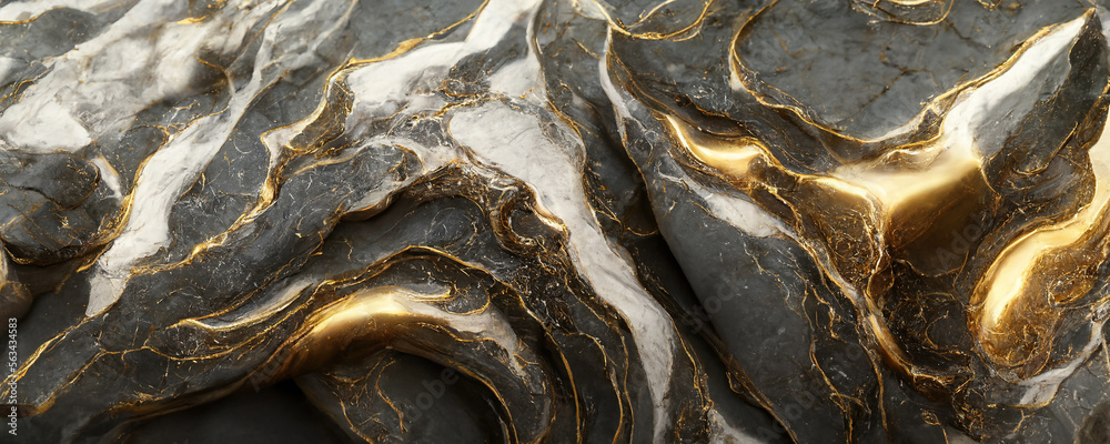 Splendid modern marbling painting abstract design of black and gold wavy veins pattern texture marbl