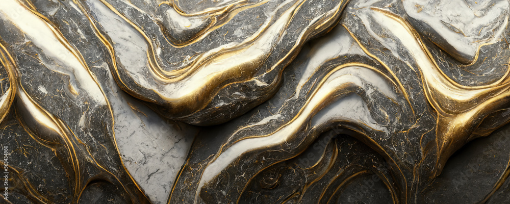 Splendid modern marbling painting abstract design of black and gold wavy veins pattern texture marbl