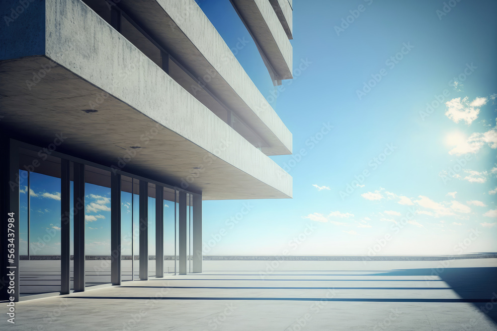 Modern architecture exterior of public hall entrance in urban building outdoor under bright sky with