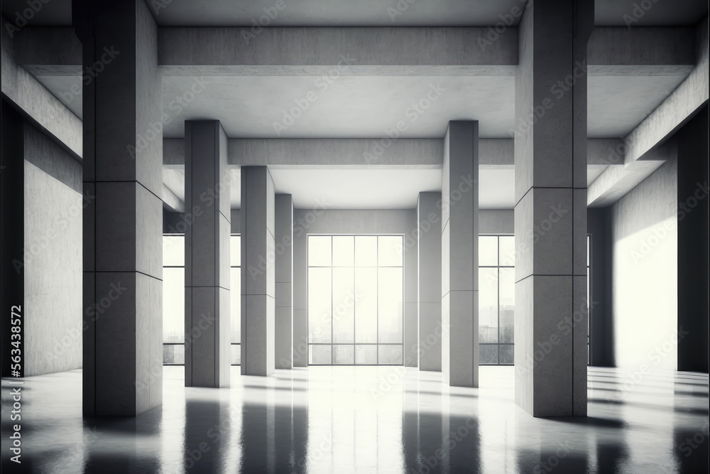 Large hall corridor inside office building background. Peculiar AI generative image.