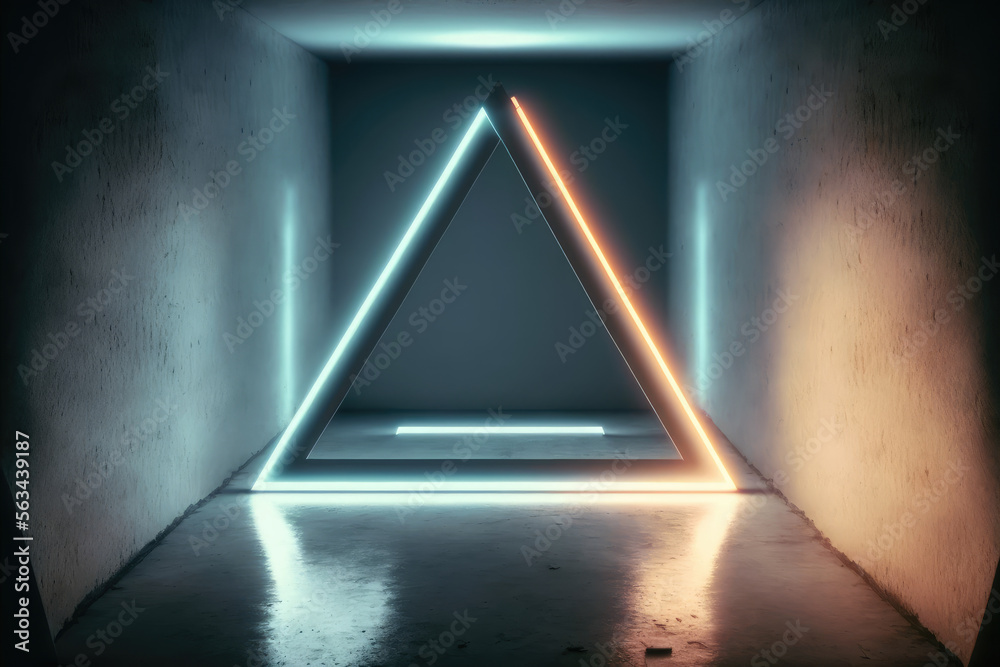 Concrete room with triangle portal illuminated by blue and orange neon light. Peculiar AI generative