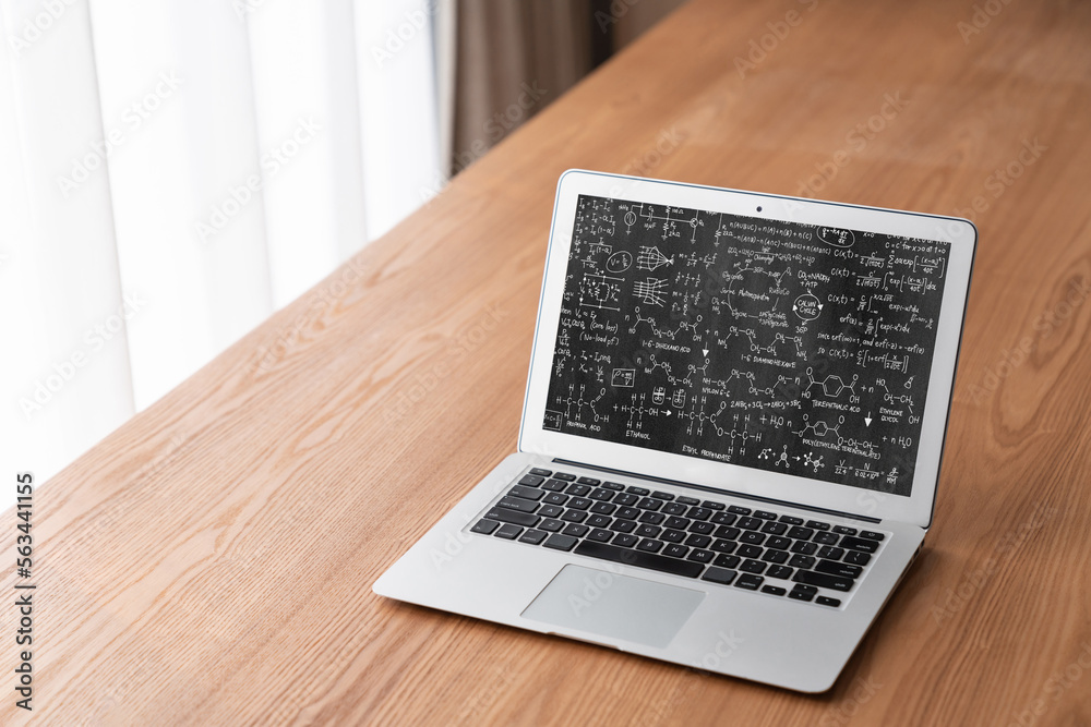 Mathematic equations and modish formula on computer screen showing concept of science and education