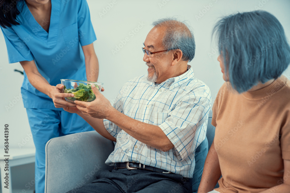 A female nurse serves a bowl of salad to a contented senior couple. Health care and medical assistan