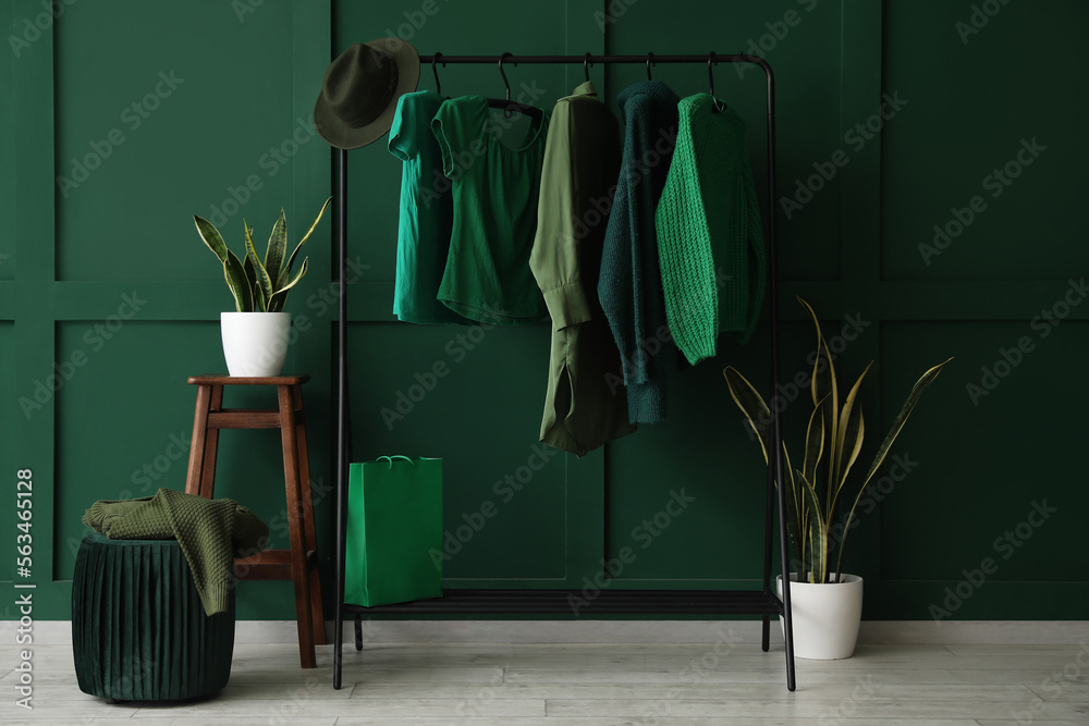 Interior of dressing room with stylish green clothes and houseplants