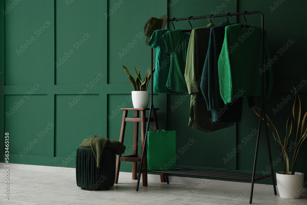 Interior of dressing room with stylish green clothes and houseplants