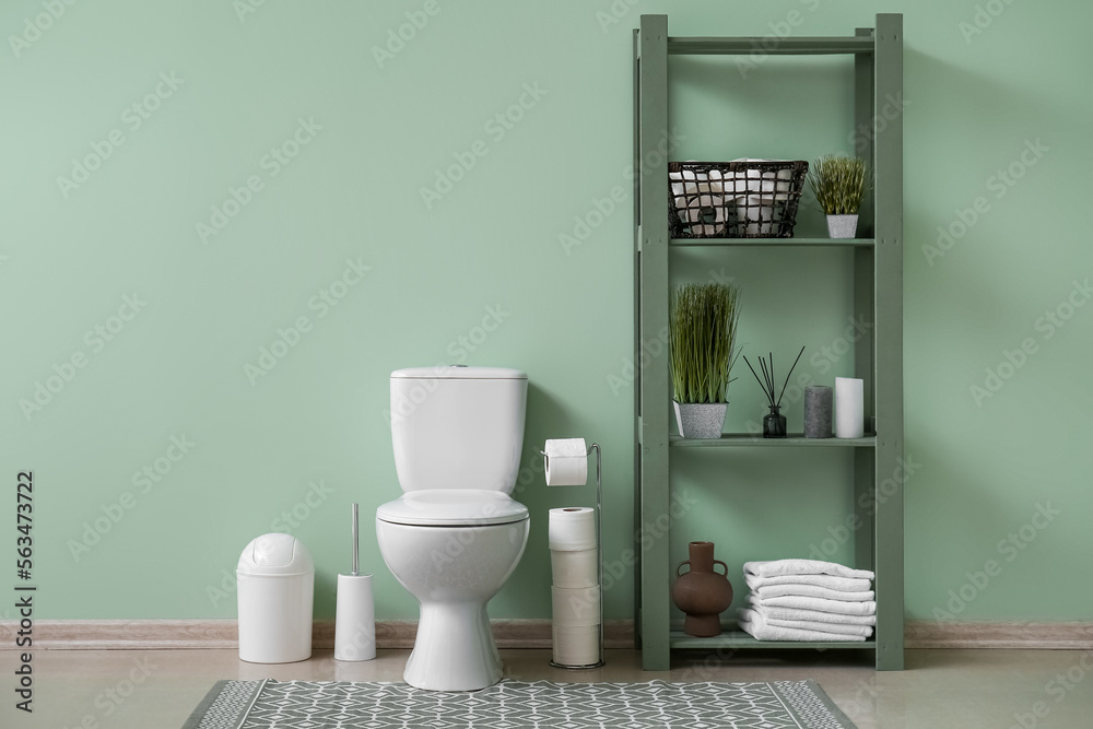 Interior of restroom with ceramic toilet bowl, rug and shelving unit near green wall