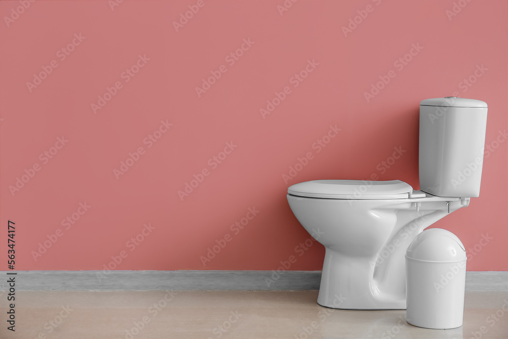 Ceramic toilet bowl and bin near pink wall