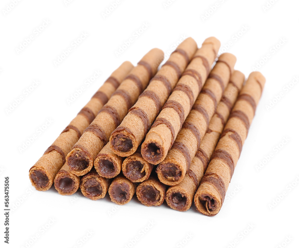 Heap of tasty wafer rolls isolated on white background