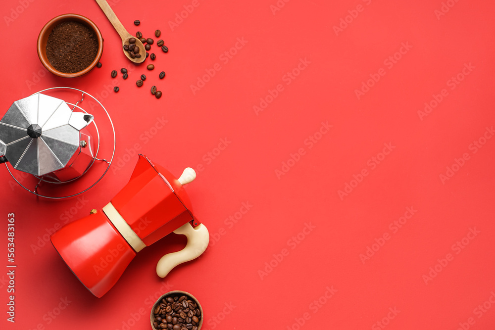 Composition with geyser coffee maker and beans on red background