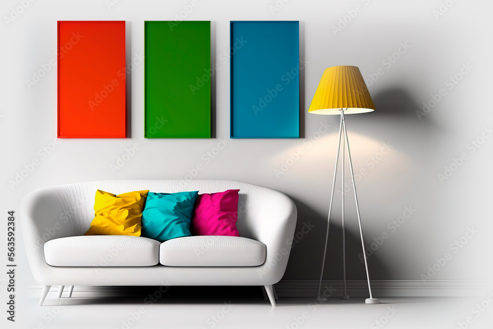 Living room interior with white sofa, multi color   pillows, yellow lamp and red, green and blue pic